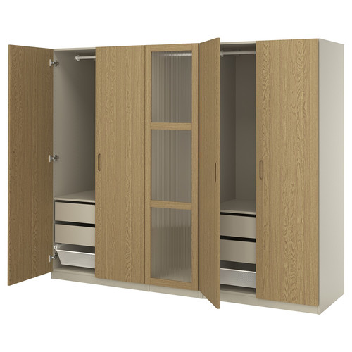 PAX / TONSTAD Wardrobe combination, grey-beige/oak veneer glass, 250x60x201 cm