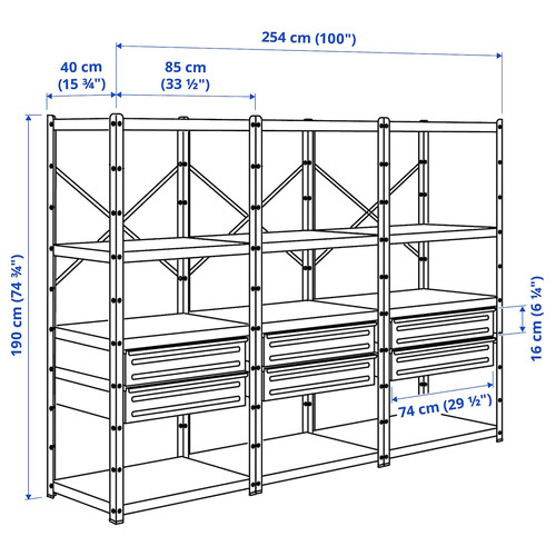 BROR Shelving unit with drawers/shelves, black, 254x40x190 cm