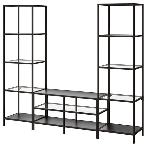 VITTSJÖ TV storage combination, black-brown/glass, 202x36x175 cm