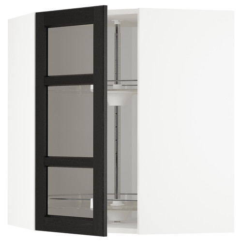 METOD Corner wall cab w carousel/glass dr, white/Lerhyttan black stained, 68x80 cm