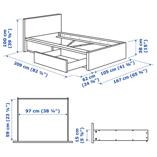 MALM Bed frame, high, w 2 storage boxes, black-brown, Luröy, 90x200 cm