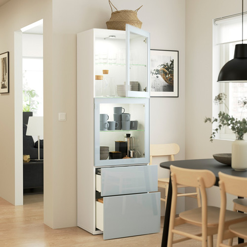 BESTÅ Storage combination w glass doors, white Selsviken/high-gloss light grey-blue, 60x42x193 cm