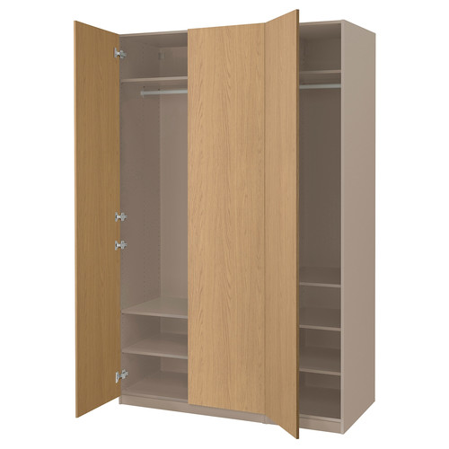 PAX / STORKLINTA Wardrobe combination, grey-beige/oak effect, 150x60x236 cm