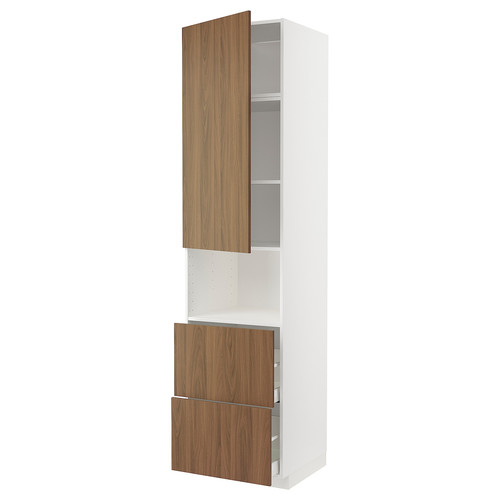 METOD / MAXIMERA Hi cab f micro w door/2 drawers, white/Tistorp brown walnut effect, 60x60x240 cm