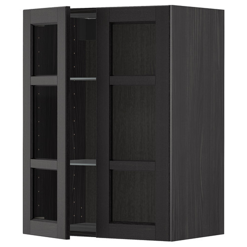 METOD Wall cabinet w shelves/2 glass drs, black/Lerhyttan black stained, 60x80 cm