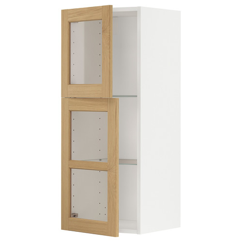 METOD Wall cabinet w shelves/2 glass drs, white/Forsbacka oak, 40x100 cm