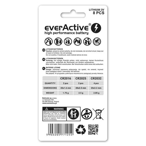 EverActive Lithium Batteries 3V, 8 pack