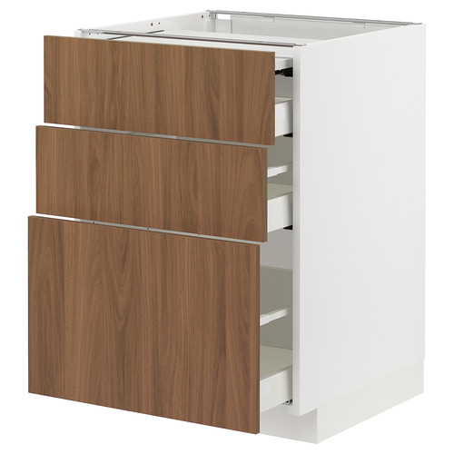 METOD / MAXIMERA Bc w pull-out work surface/3drw, white/Tistorp brown walnut effect, 60x60 cm