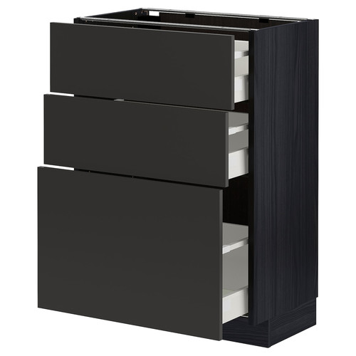 METOD / MAXIMERA Base cabinet with 3 drawers, black/Nickebo matt anthracite, 60x37 cm