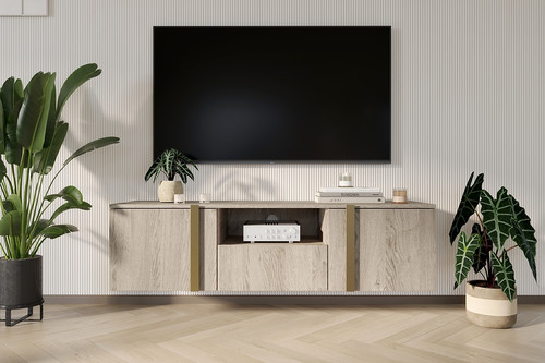 Wall-Mounted TV Cabinet Verica 150 cm, biscuit oak/gold handles