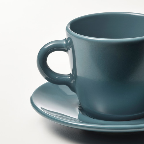 FÄRGKLAR Cup with saucer, glossy dark turquoise, 7 cl, 4 pack