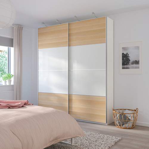 MEHAMN Pair of sliding doors, double sided/white stained oak effect white, 200x236 cm