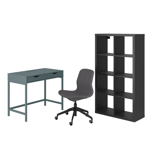 ALEX/LÅNGFJÄLL / KALLAX Desk and storage combination, and swivel chair grey-turquoise/black