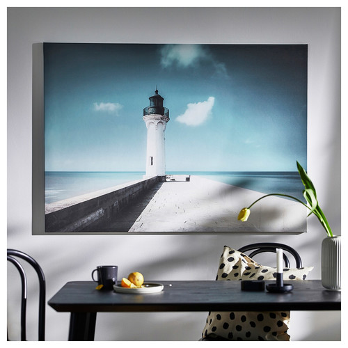 BJÖRKSTA Picture with frame, white lighthouse/black, 140x100 cm