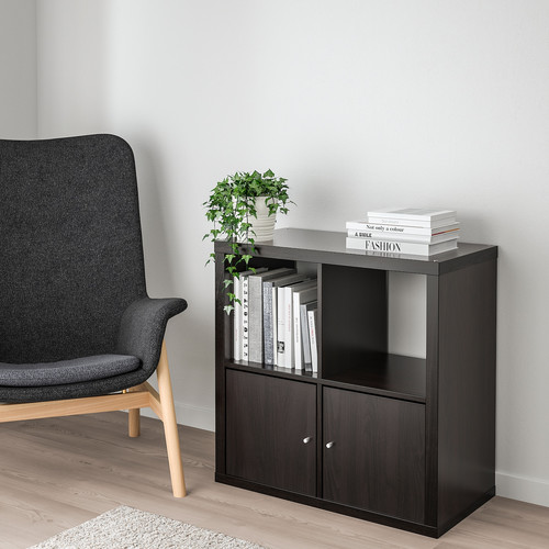 KALLAX Shelf unit with doors, black-brown, 77x77 cm