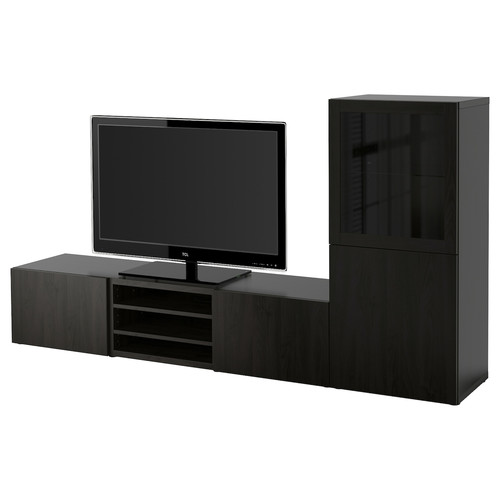 BESTÅ TV storage combination/glass doors, black-brown/Lappviken black-brown clear glass, 240x42x129 cm