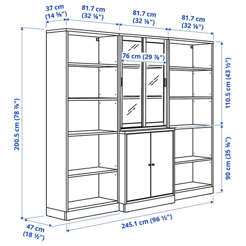 TONSTAD Storage comb w sliding glass doors, oak veneer/clear glass, 245x47x201 cm