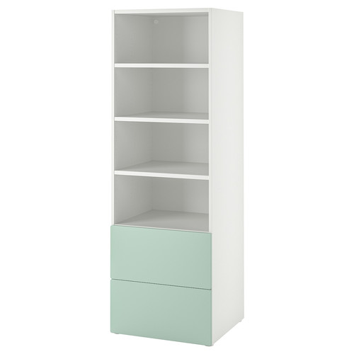 SMÅSTAD / PLATSA Bookcase, white light green/with 2 drawers, 60x57x181 cm