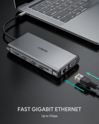 Aukey Hub USB-C 12in1 2xUSB 3.1 2xUSB 2.0 2xHDMI VGA SD microSD USB-C CB-C78