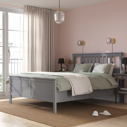 HEMNES Bed frame with mattress, grey stain/Åkrehamn firm, 140x200 cm