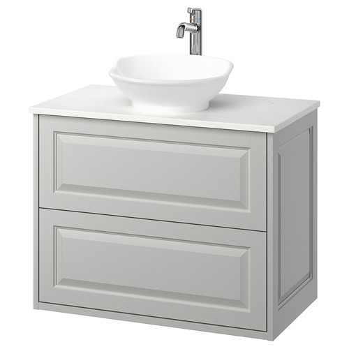 TÄNNFORSEN/VÄSTERSJÖN Wash-stnd w drawers/wash-basin/tap, light grey/white marble effect, 82x49x79 cm