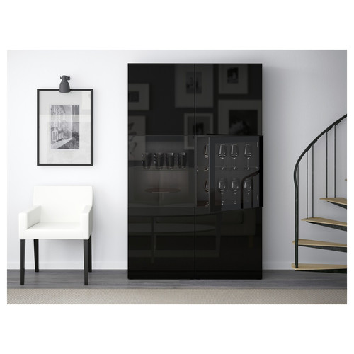 BESTÅ Storage combination w/glass doors, black-brown, Selsviken high-gloss/black, clear glass, 120x40x192 cm