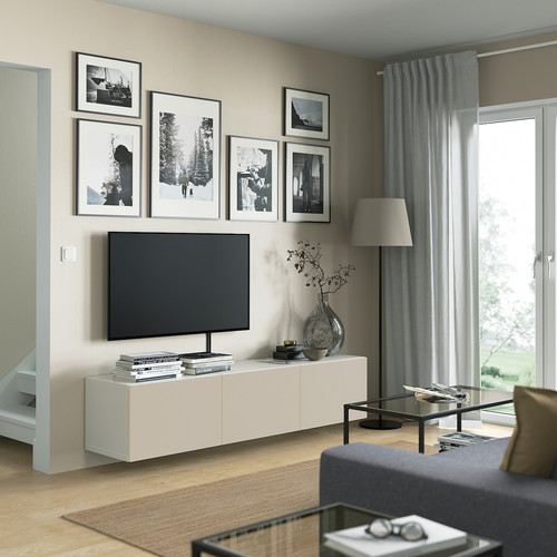 BESTÅ TV bench with doors, white/Lappviken light grey/beige, 180x42x38 cm