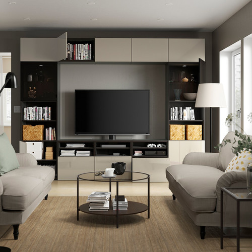 BESTÅ TV storage combination/glass doors, black-brown/Selsviken high-gloss/beige smoked glass, 300x42x231 cm