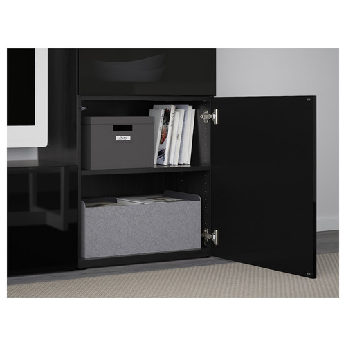 BESTÅ TV storage combination/glass doors, black-brown/Selsviken high-gloss/black smoked glass, 240x42x129 cm