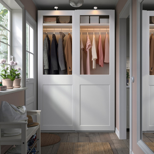 PAX / GRIMO Wardrobe with sliding doors, white/clear glass white, 150x66x236 cm