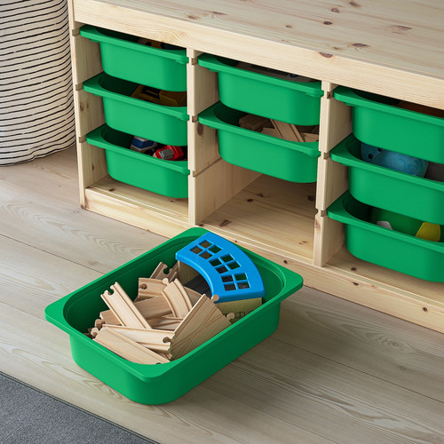 TROFAST Storage combination with boxes, light white stained pine/green, 93x44x52 cm