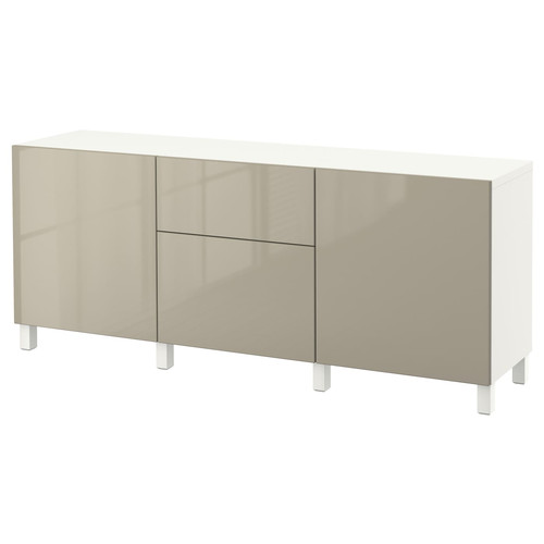 BESTÅ Storage combination with drawers, white/Selsviken/Stubbarp high-gloss/beige, 180x42x74 cm