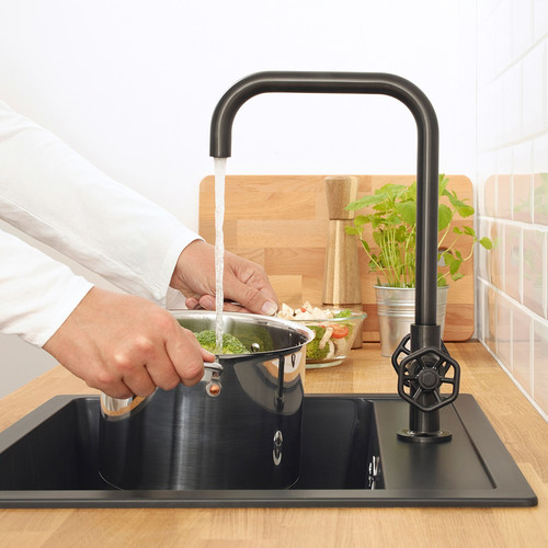 GAMLESJÖN Dual-control kitchen mixer tap, brushed black metal