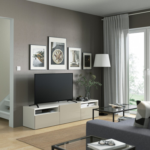 BESTÅ TV unit, white/Selsviken high-gloss/beige, 180x42x39 cm