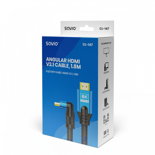 SAVIO HDMI (M) v2.1, angular, 1,8m, 8K, copper, blue-black, gold-plated, ethernet / 3D CL-147