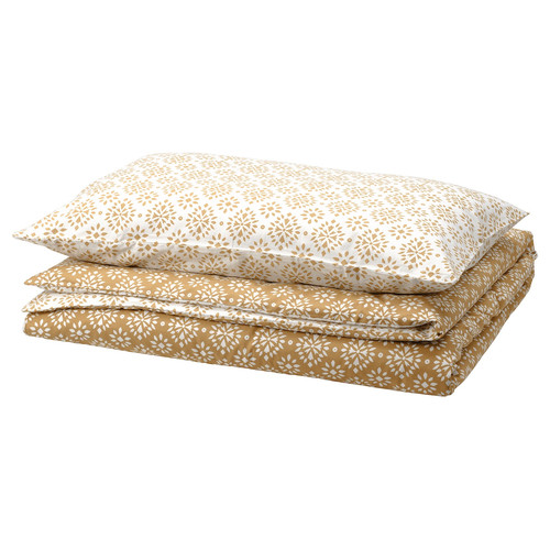 ORMÄNGSFLY Duvet cover and pillowcase, yellow-beige/white, 150x200/50x60 cm