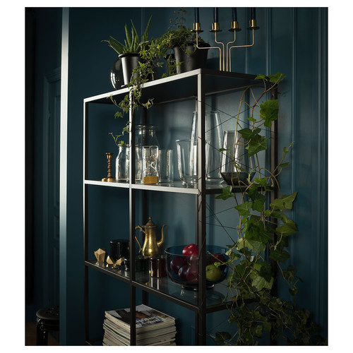 VITTSJÖ Shelving unit, black-brown, glass, 100x175 cm