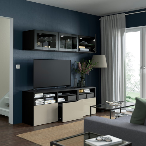 BESTÅ TV storage combination/glass doors, black-brown/Selsviken high-gloss/beige clear glass, 180x42x192 cm