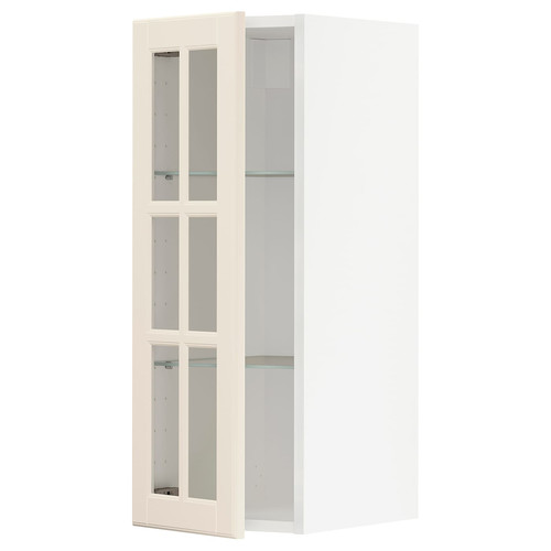 METOD Wall cabinet w shelves/glass door, white/Bodbyn off-white, 30x80 cm