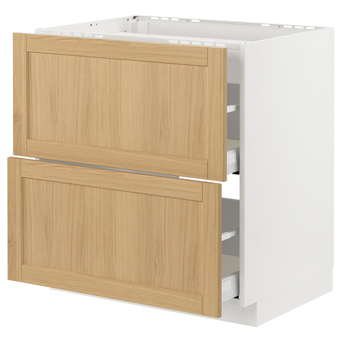 METOD / MAXIMERA Base cab f hob/2 fronts/2 drawers, white/Forsbacka oak, 80x60 cm