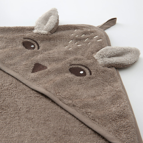 TROLLDOM Baby towel with hood, deer/brown, 80x80 cm