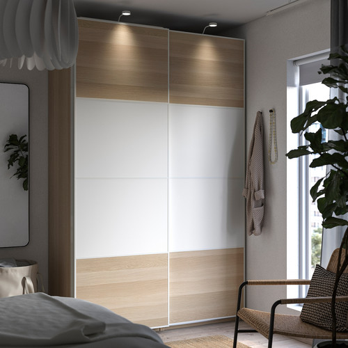 PAX / MEHAMN Wardrobe, white double sided/white white stained oak effect, 150x66x236 cm