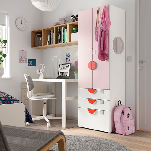 SMÅSTAD / PLATSA Wardrobe, white pale pink/with 3 drawers, 60x42x181 cm