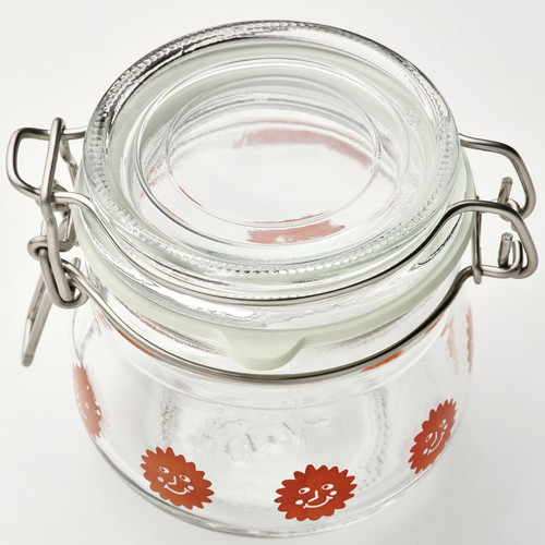 KORKEN Jar with lid, clear glass patterned/bright orange, 13 cl