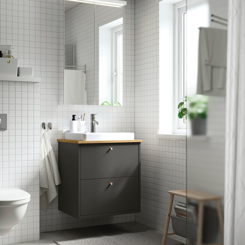 HAVBÄCK / ORRSJÖN Wash-stnd w drawers/wash-basin/tap, dark grey/bamboo, 62x49x71 cm