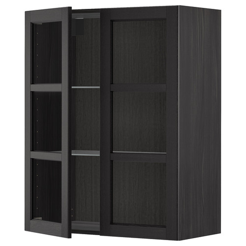 METOD Wall cabinet w shelves/2 glass drs, black/Lerhyttan black stained, 80x100 cm