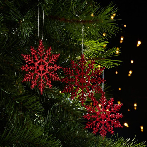 Christmas Hanging Decoration Snowflake 10cm 12pcs, red