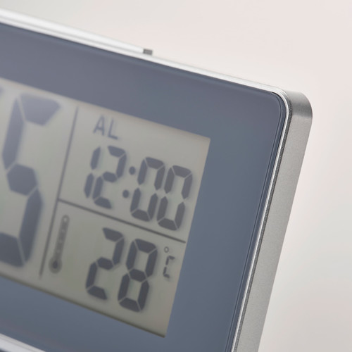 FILMIS Clock/thermometer/alarm, low-voltage/grey, 16.5x9 cm