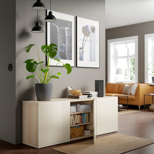 BESTÅ Storage combination with doors, white stained oak effect/Selsviken high-gloss/beige, 180x42x65 cm