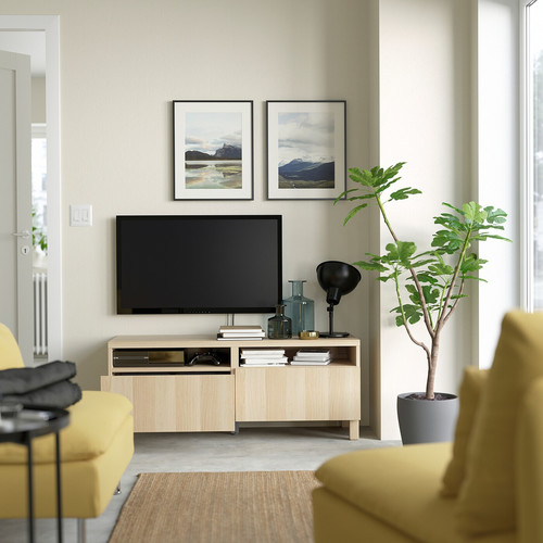 BESTÅ TV bench with drawers, Lappviken white stained oak